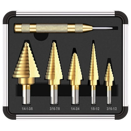 

5PCS Titanium Step Drill Bit Set with Automatic Center Punch 50 Sizes in 5 High Speed Steel Drill Bits Set for Sheet Metal with Aluminum Case Multiple Hole Stepped Up Bits for DIY Lovers