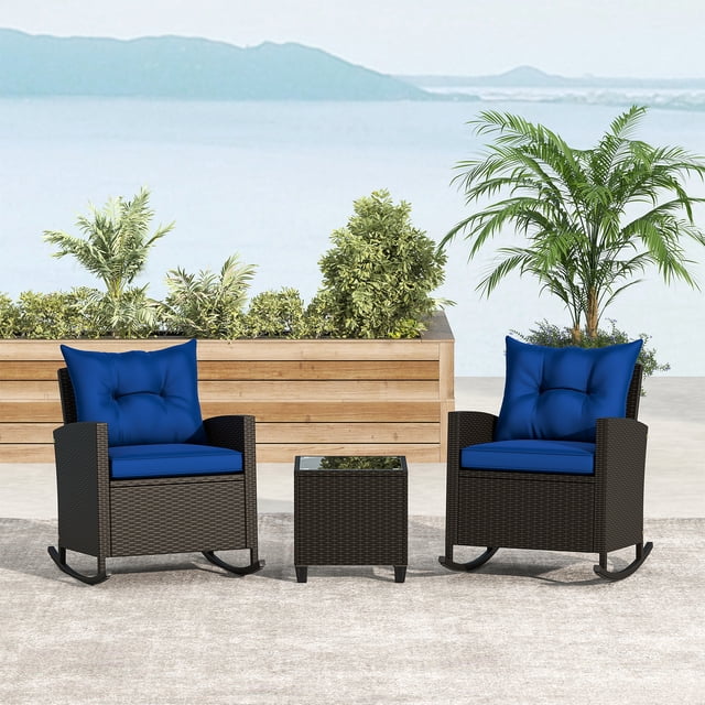 Gymax Set of 3 Wicker Rocking Set Patio w/ Tempered Glass Table & Soft Cushions Navy