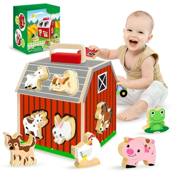 UUSUOO Montessori Toys for 1 Year Old,Farm Animals Big Barn Toys,Wooden Barn Play Set with Animal Figures and DIY Stickers, Learning Educational Toys,Christmas Birthday Gifts for Toddlers 1-3