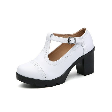 

Crocowalk Ladies Lightweight Ankle Strap Brogue Leather Shoe Party Anti-Slip Chunky Block Heel Oxford Pumps Fashion Dress Pump Shoes White 9