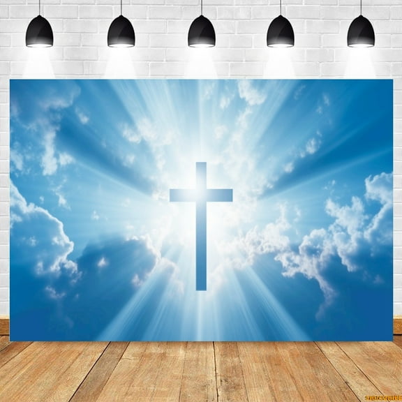 Christian Cross Backdrop White Clouds Blue Sky God Bless Holy Spirit Easter Jesus Stairs to Heav Photography Background Photo