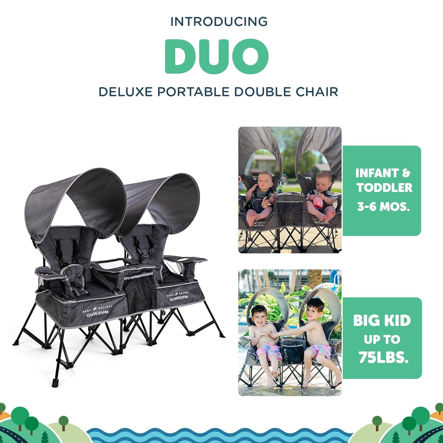 Go With Me Duo Deluxe Portable Infant Chair, Double Seat, Indoor and Outdoor, Grey
