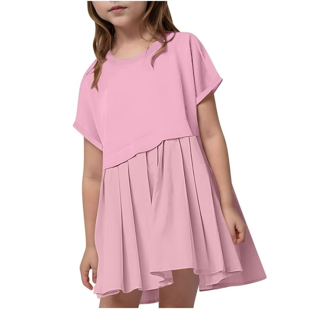 Odeerbi 5-14 Años Niñas Verano Patchwork Plisado Vestido Línea A Playa Boho Mini Sudadera Vestido Niños Color Sólido Manga Corta Vestido Tenis