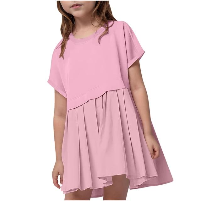 FAIWAD Robe d'Été à Col Rond et Manches Courtes pour Filles, Robe Patchwork Plissée Unie, Mini Robe de Tennis Athlétique