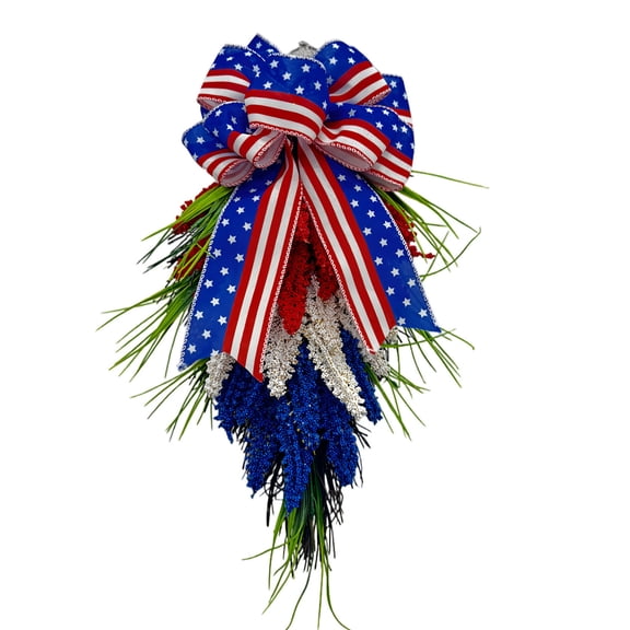 AYktou Patriotic Wreaths for Front Door, Independence Day Teardrop Swags Wreath Artificial Wheats Ears Bows Red White Blue Border Hanging Ornaments for Front Door Wall Indoor Outdoor Home Decor