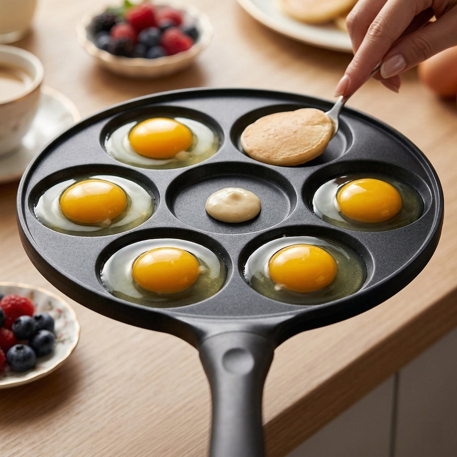 Egg Frying Pan, 7 Divided Molds, Aluminum Frying Pan, Omelet Pan, Morning Meal Prep, Non Stick Coating, Handle, 1 Pc