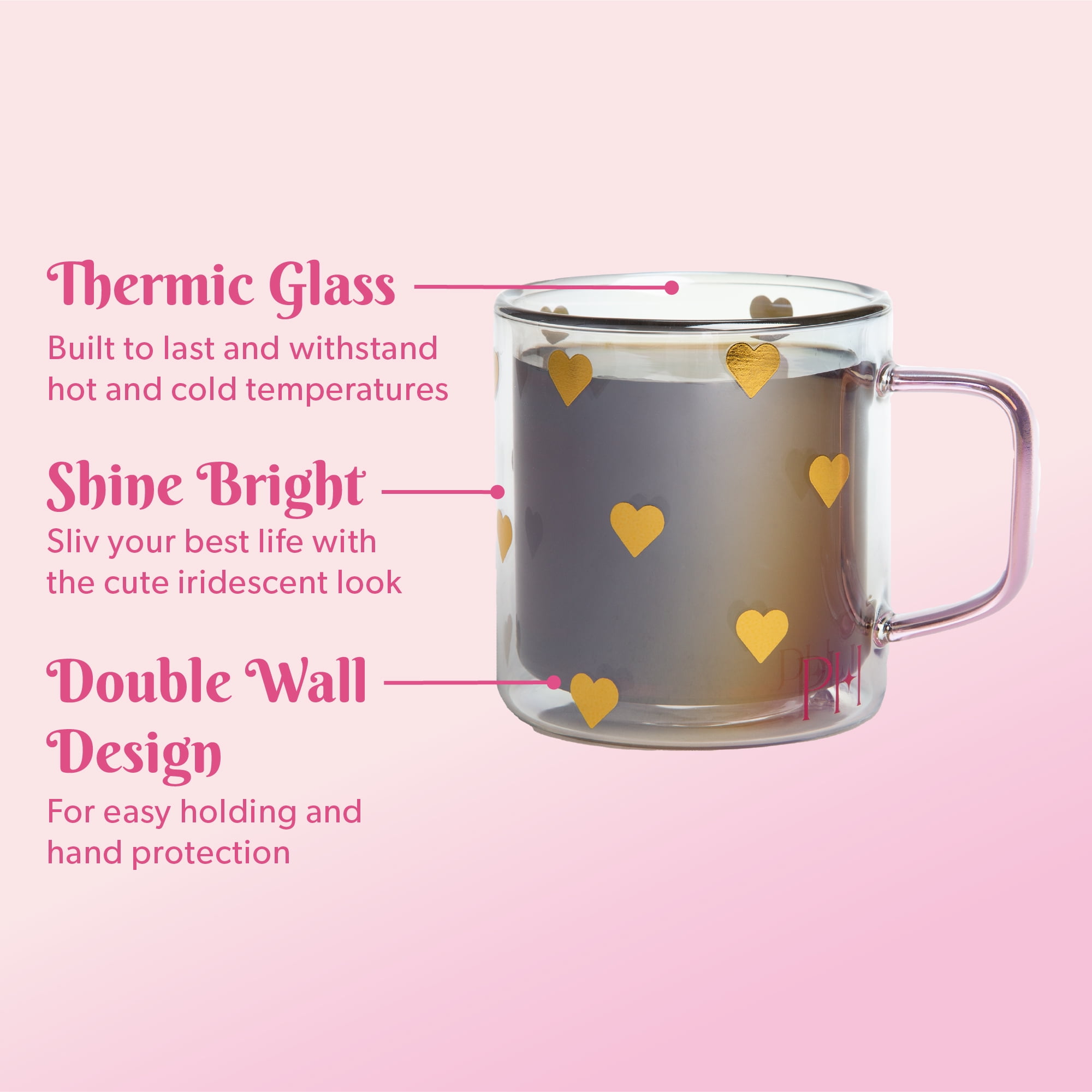 (2 pack) Paris Hilton Double Wall Glass Coffee Mug,13.5 Ounces, Hearts