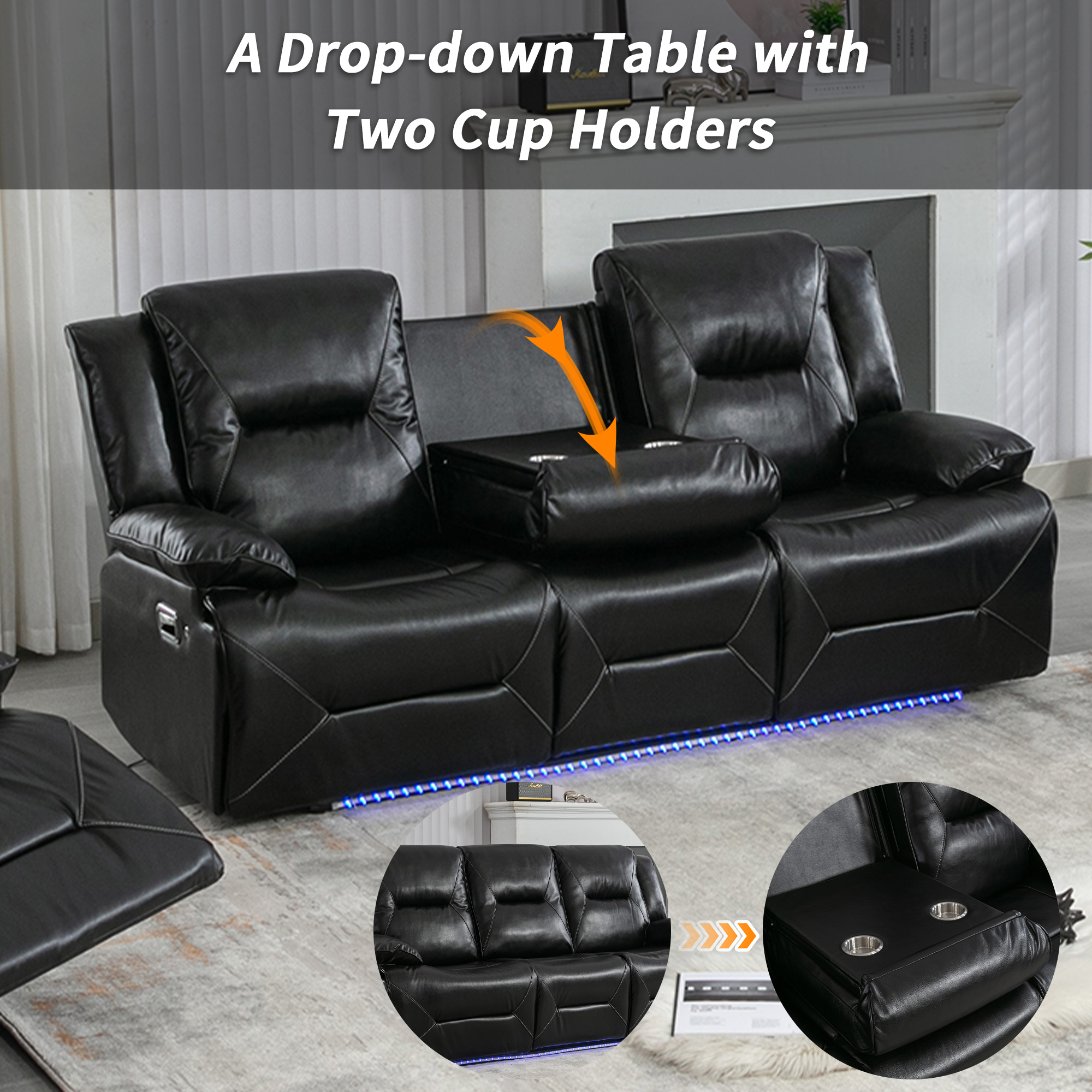 Euroco 3 Seater Home Theater Recliner Manual Recliner Chair with a LED Light Strip Two Built-in Cup Holders for Living Room,Bedroom, Black
