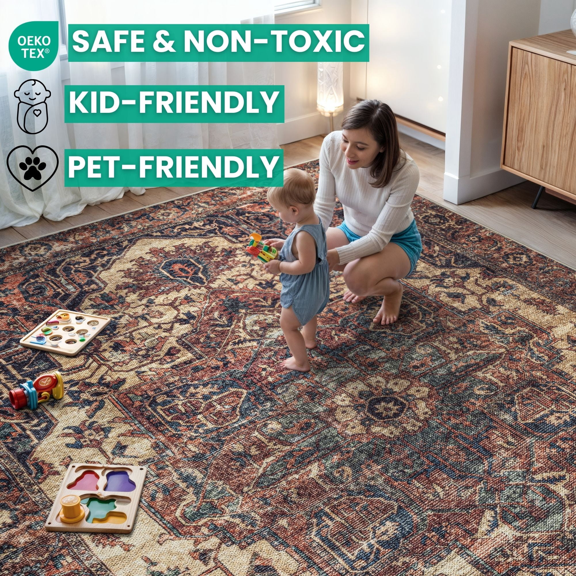 Bloom Rugs Washable Non-Slip 9' x 12' Rug - Beige / Terracotta Traditional Oriental Area Rug for Living Room, Bedroom, Dining Room, and Kitchen - Exact size: 9' x 12'
