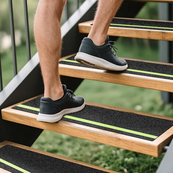Outdoor Stair Treads Non Slip 6-Pack Black Glow 6" x 30" - Weather Resistant Adhesive Heavy Grip Tape - Waterproof Anti Skid Strips- Glow in The Dark 80-Grit Adhesive Treads