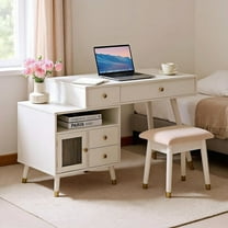 Resenkos 3-in-1 Vanity Desk with Lighted Flip-Top Mirror & Adjustable Cabinet, Makeup Dressing Table with Stool, White