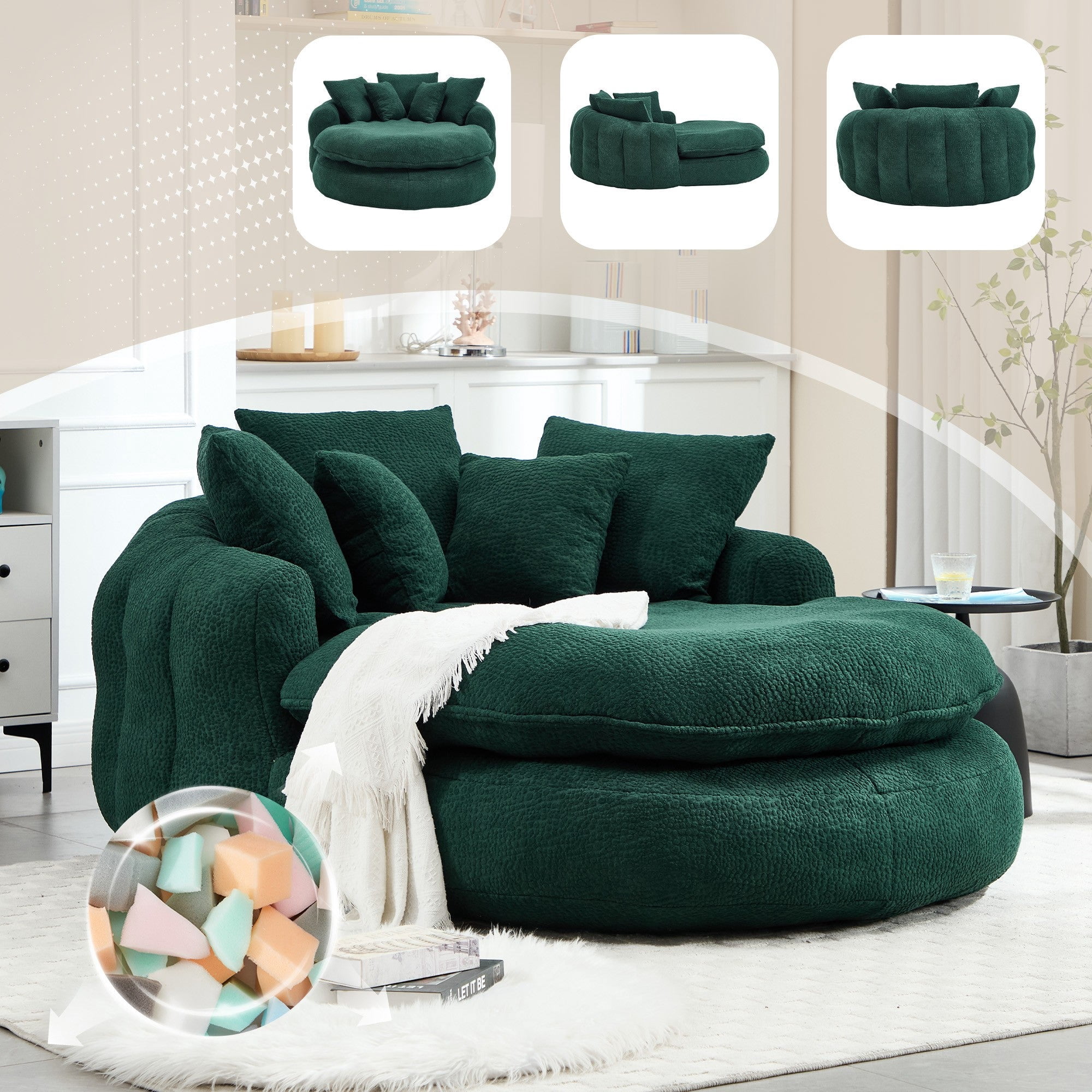 Sailvan Oversized Oval Bean Bag Sofa with 5 Pillows,Chenille Fabric Lazy Floor Sofa for Adults,Memory Foam Seating with Wrap Around Backrest Emerald