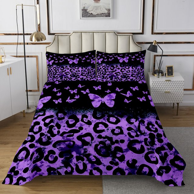 Erosebridal Ensembles de Couvre-Lit à Imprimé Guépard Violet Format Simple, Ensemble de Lit Papillon Aquarelle, 2 Pcs