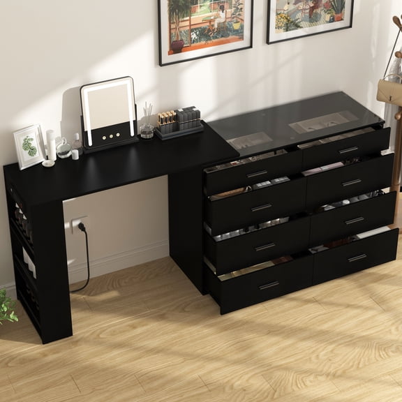 NAIYUFA 42''Glass Top Vanity Desk with LED lights,Makeup Desk with Power Outlets,Makeup Vanity with 8 Drawers and 3 Open Storage Shelves,Extendable Modern Dressing Table for Girls Women Bedroom