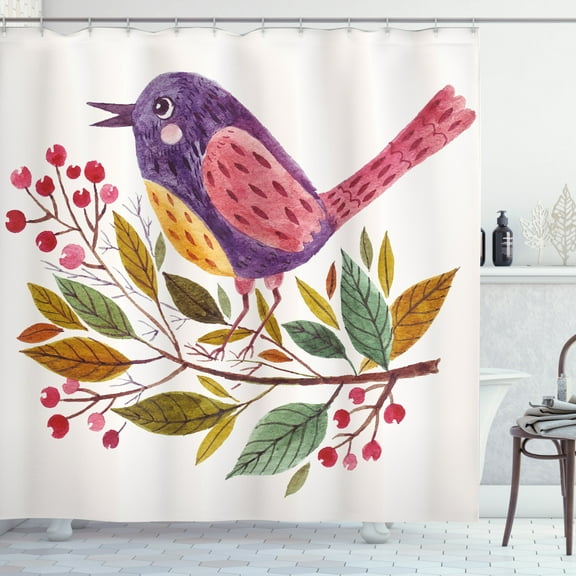 Ambesonne Watercolor Shower Curtain, Birds on a Branch, 69"Wx75"L, Purple Fern Green
