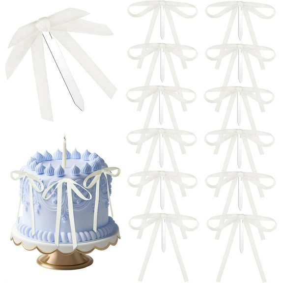 Tutuviw 10Pcs Satin Bowknot Cake Topper,Bowknot Ribbons Cupcake Decorations for Cake,Coquette Bow Cupcake Toppers with 10Pcs Acrylic Spikes for Birthday Supplies DIY Wedding Gift Wrapping Craft
