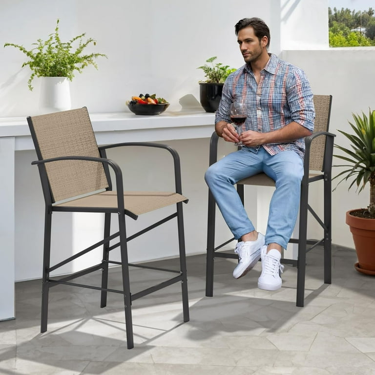 Poteban Patio Bar Chairs Set of 2 Outdoor Bar Height Stools Metal Frame Textilene Tall Barstool with Backs Armrest High Top Seating for Porch