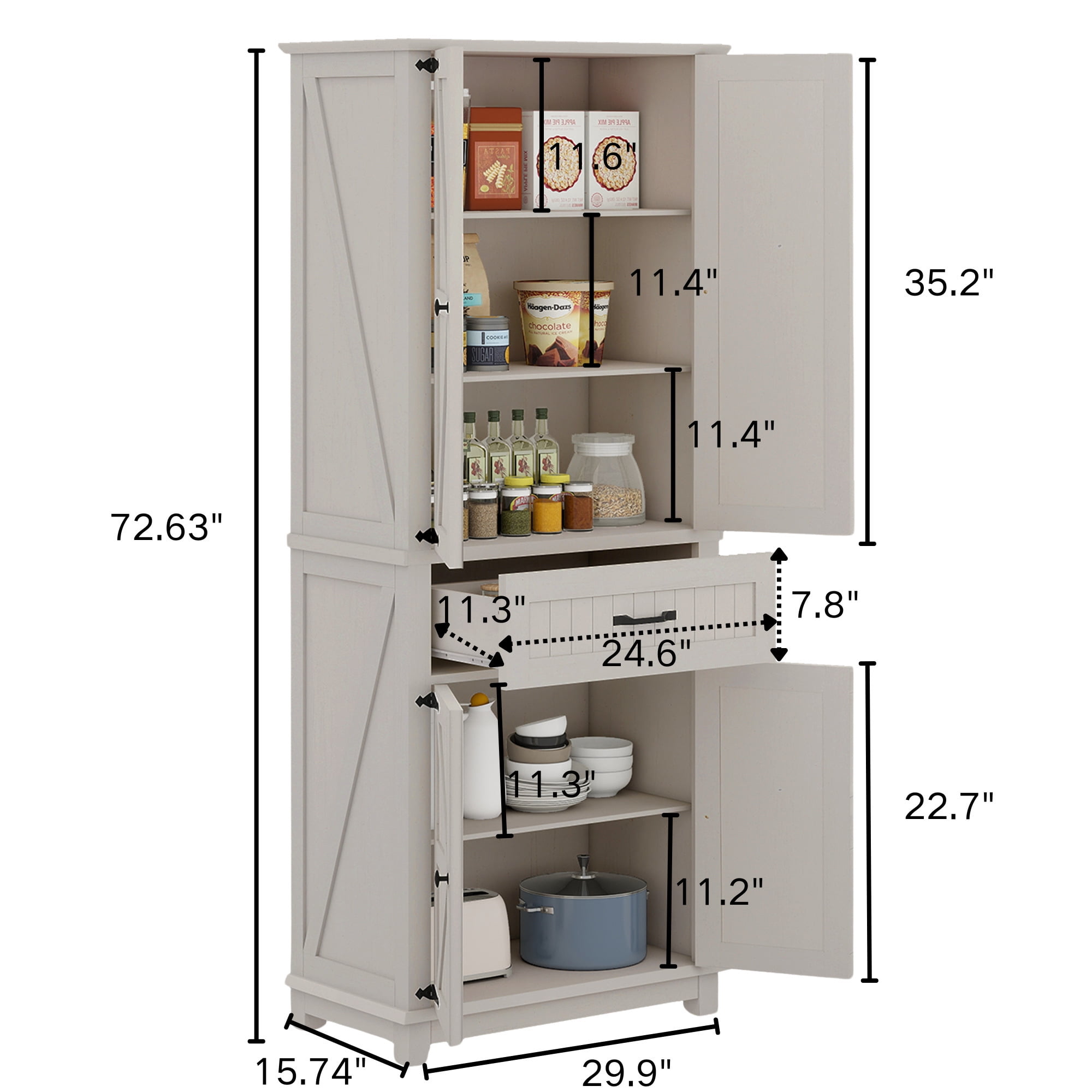 Uforic Farmhouse Kitchen Pantry Storage Cabinet with Doors and Drawer, White