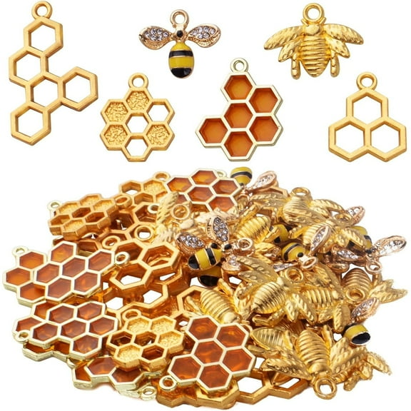 BronaGrand 50pcs Honeycomb Bee Charms Enamel Rhinestone Alloy Honeybee Charms Pendants for DIY Necklace Earrings Bracelet Jewelry Making Accessories