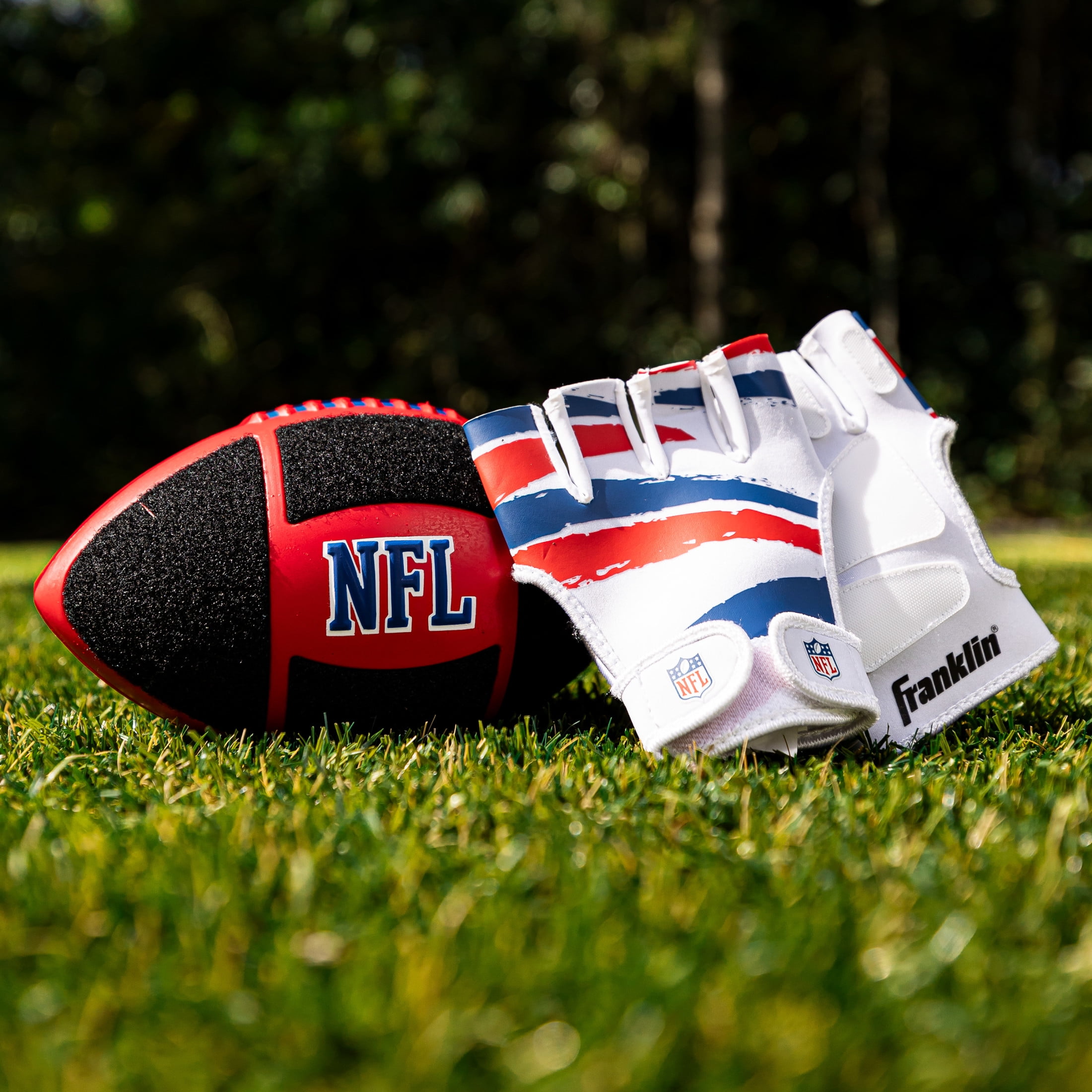 Franklin Sports NFL Kids Football + Receiver Glove Set - NFL Sticky Fingers Easy Catch Junior Ball+ Gloves - Foam Football with Self-Stick Cover