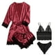 thumbnail image 3 of Conjunto de pijama de satén para mujer, camisola con ribete de encaje floral, lencería, ropa de dormir con bata, 4 Uds., M, rojo, 3 of 14