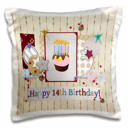 3dRose Collage of Stars, Cupcake, and Candle, Happy 14th Birthday - Pillow Case, 16 by