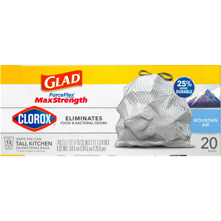 Glad ForceFlex MaxStrength with Clorox 13 Gallon Tall Kitchen Trash Bags, Mountain Air, 20 Bags, Size: 20 ct