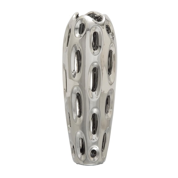 DecMode 16" Silver Ceramic Vase with Cut Out Designs