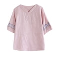 thumbnail image 6 of Womens Tops 2025 Plus Size Cotton and Linen Solid Color Button Half V-neck Shirt Short Sleeved V-neck Shirt, 6 of 6