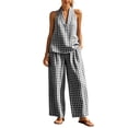 thumbnail image 2 of Linen Plaid Two-Piece Outfit Women’s V-Neck Top Wide-Leg Pants Casual Summer Vacation Set, 2 of 7