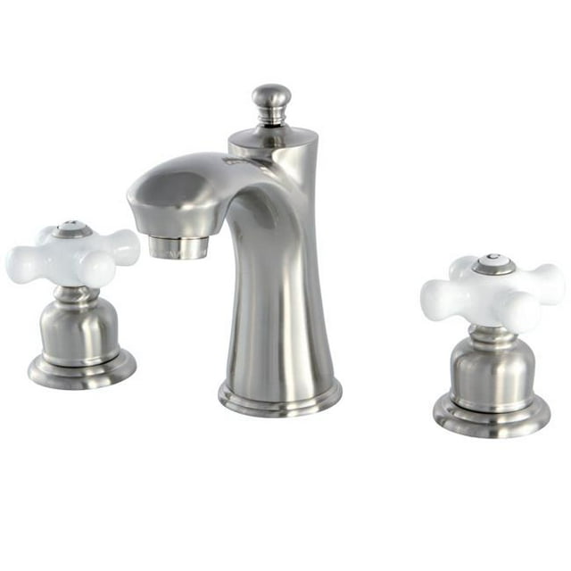 Robinet de Toilette Victorien Répandu avec Poignée en Croix de Procelain&44; Nickel Satiné