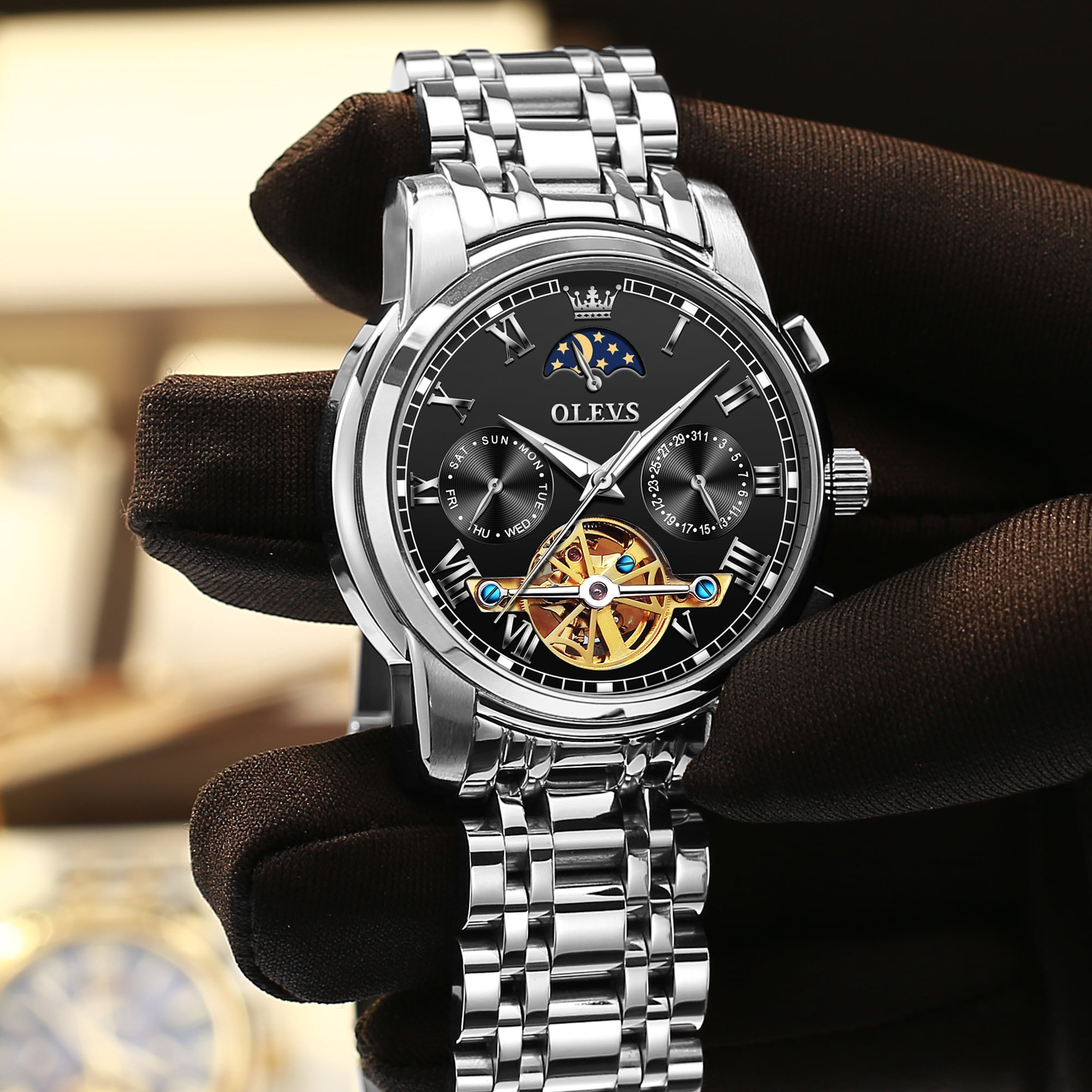 OLEVS Automatic Watches for Mens Skeleton Mechanical Self Winding Luxury Dress Mens Stainless Steel Watches Moon Phase Waterproof Luminous Reloj Para Hombre, Gifts for Men, Male 6617D