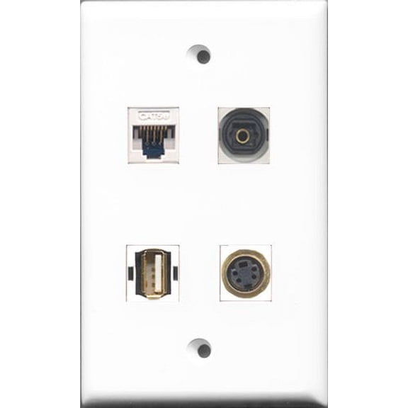 RiteAV 1 Port USB A-A and 1 Port S-Video and 1 Port Toslink and 1 Port Cat5e Ethernet White Wall Plate
