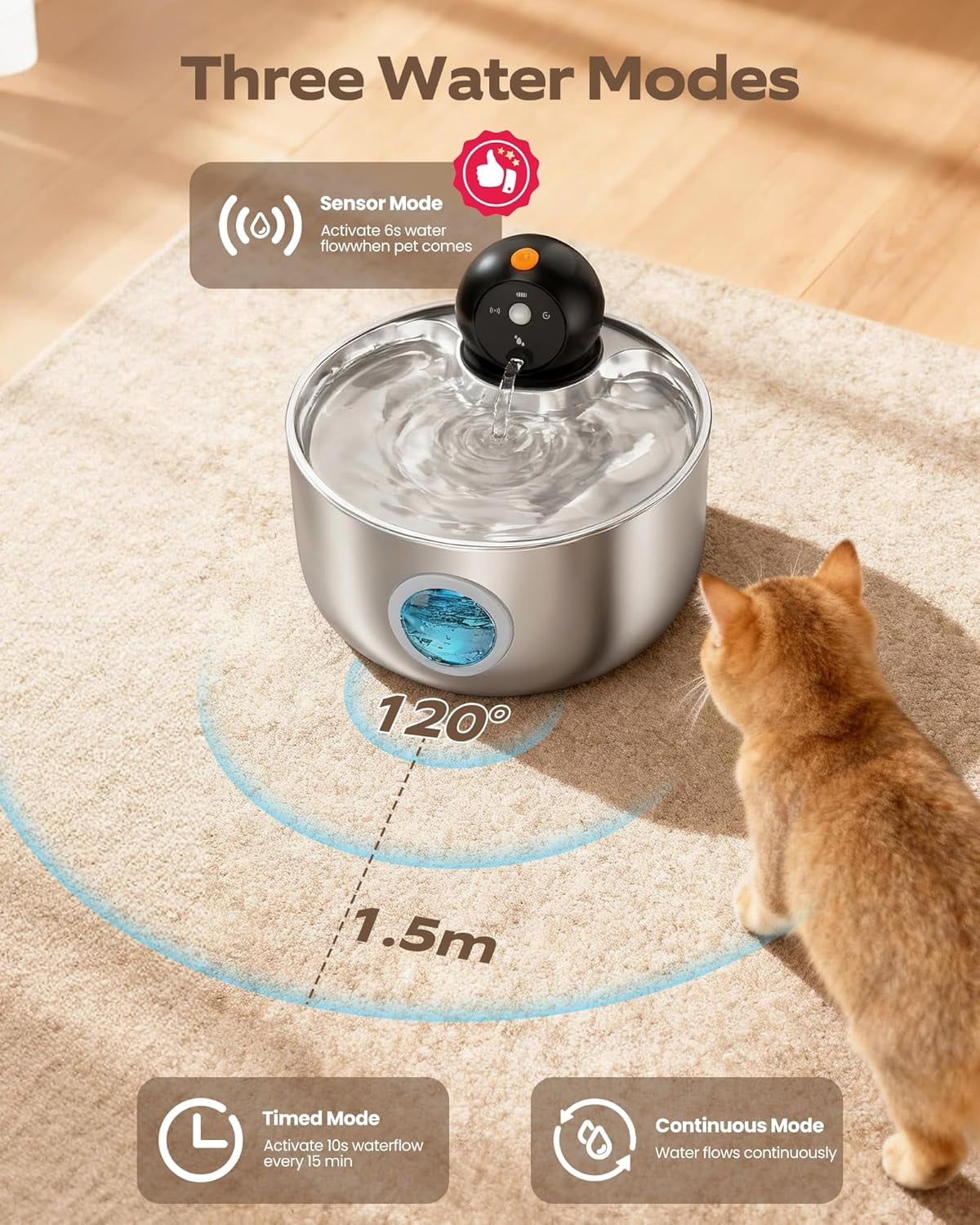 Cordless Cat Water Fountain with Motion Sensor - 88oz/2.6L Battery Operated Pet Dispenser, 6 Filters & 3 Sponges, Quiet Automatic Waterer for Indoor Cats and Small Animals