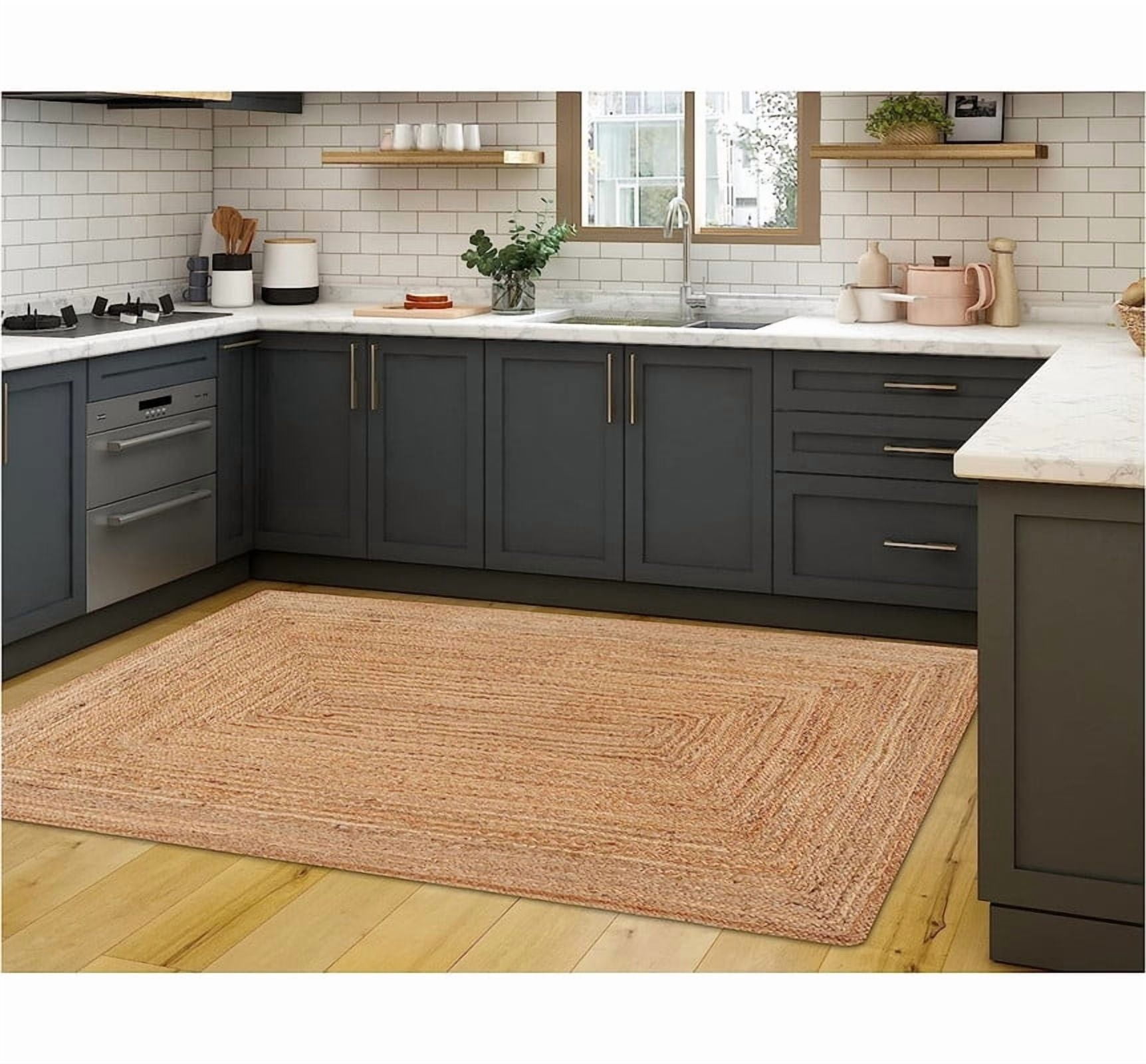 Handwoven Jute Braided Area Rug, Rectangular Natural Farmhouse Reversible Carpet_2X8_Feet