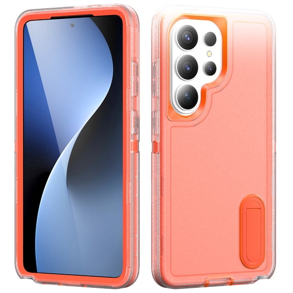 Poweltek Foldable Kickstand Case for Samsung Galaxy S26 Ultra, Shockproof 3-in-1 Hybrid Hard PC TPU Bumper Anti-Scratch Protective Phone Cover, Clear Orange