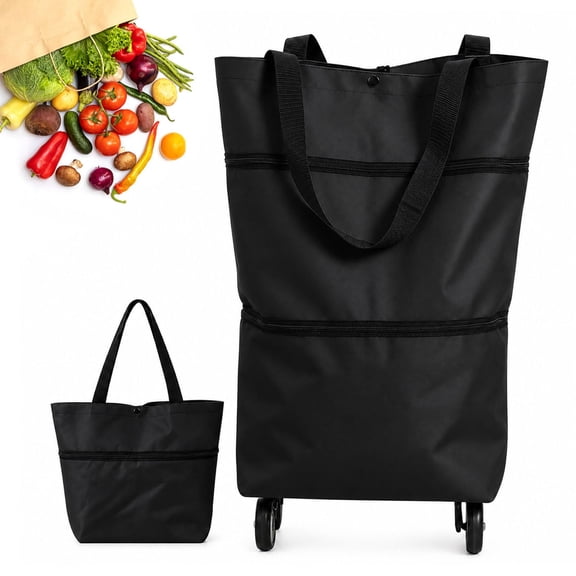 Foldable 2-in-1 Shopping Bag Cart with Wheels, 23L Lightweight Grocery Trolley with Zip Expansion, Reusable Travel Bag