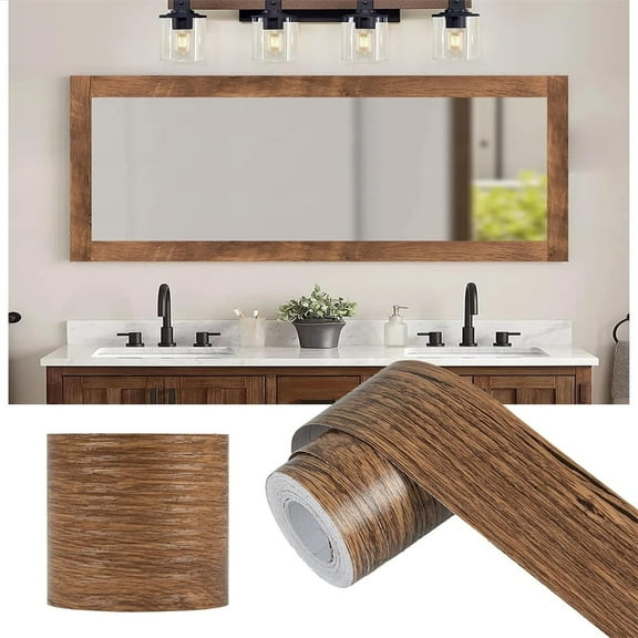 Triani 16.4Ft Wood Grain Wallpaper Border Removable Waterproof Bathroom Mirror Frame Sticker Wood Frame Mirror for Bedroom Home Decor(Brown)