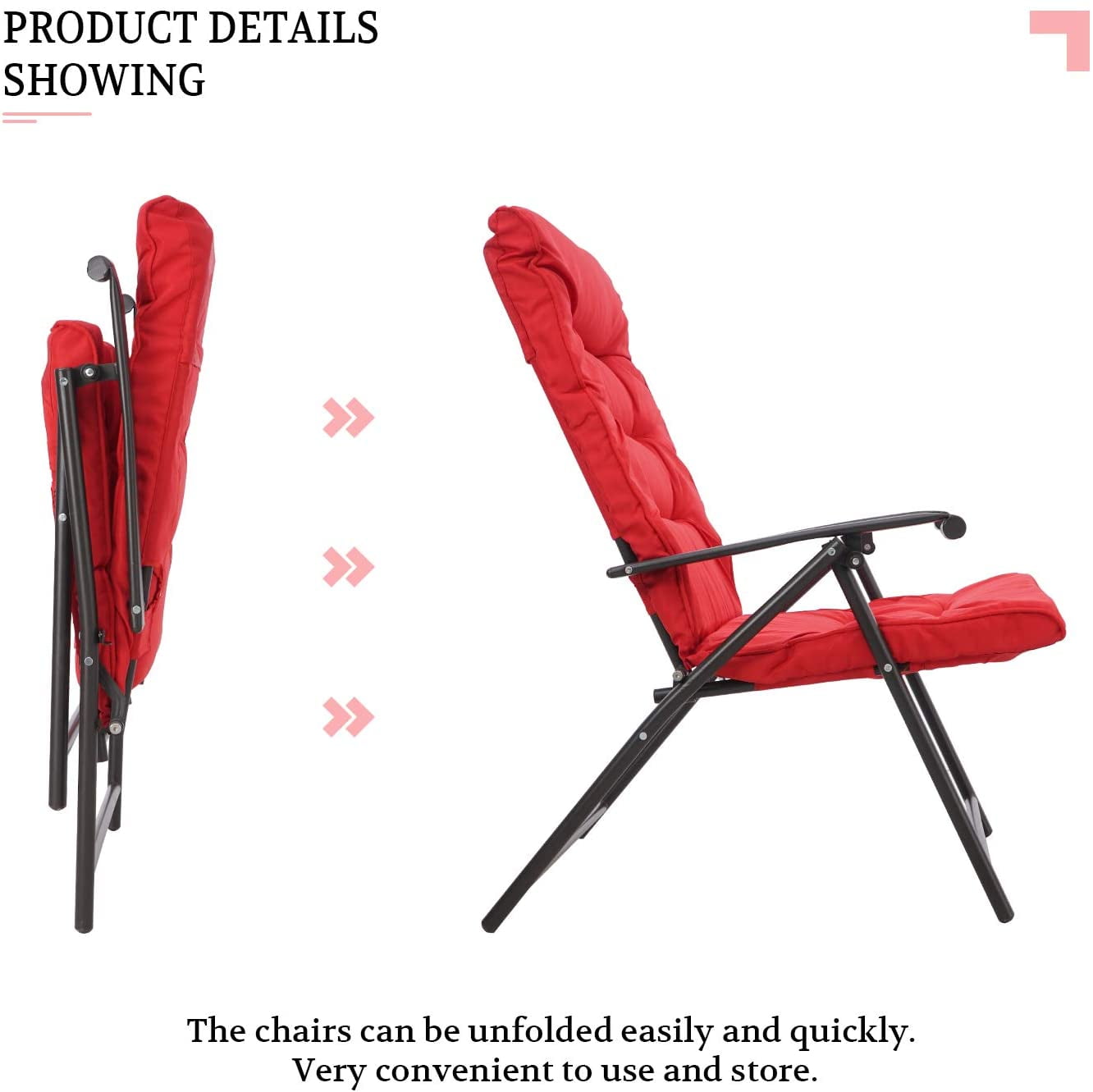 Suncrown Patio Padded Folding 3-Pieces Chair Set Adjustable Reclining Outdoor Furniture Metal Sling Chair with Coffee Table, Red