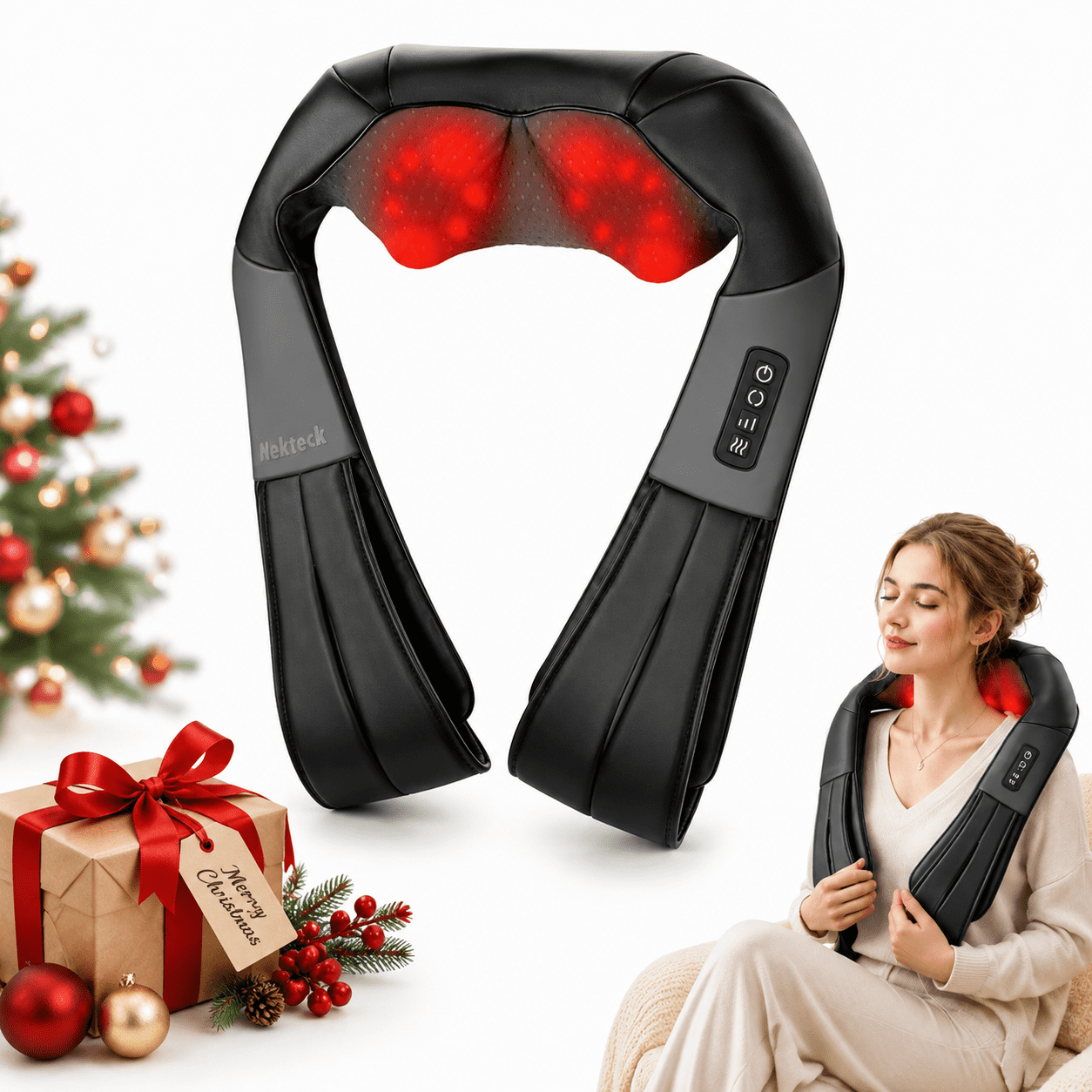 Nekteck Shiatsu Neck and Shoulder Massager with Heat, Deep Kneading Back Massager for Neck, Shoulders, Waist, Legs, Home Office Car Relaxation Gift