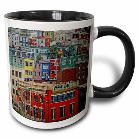 

3dRose Dreamy animated colorful buidings on a hill - Two Tone Black Mug 11-ounce