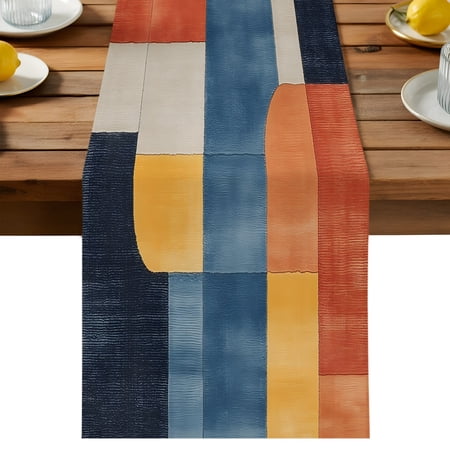 Abstract Stitching Table Runner White Orange Blue Fluid Wash Art Cotton Linen Table Cloth Tablerunner for Kitchen Dining Party Wedding Home Decor 13x70 Inch