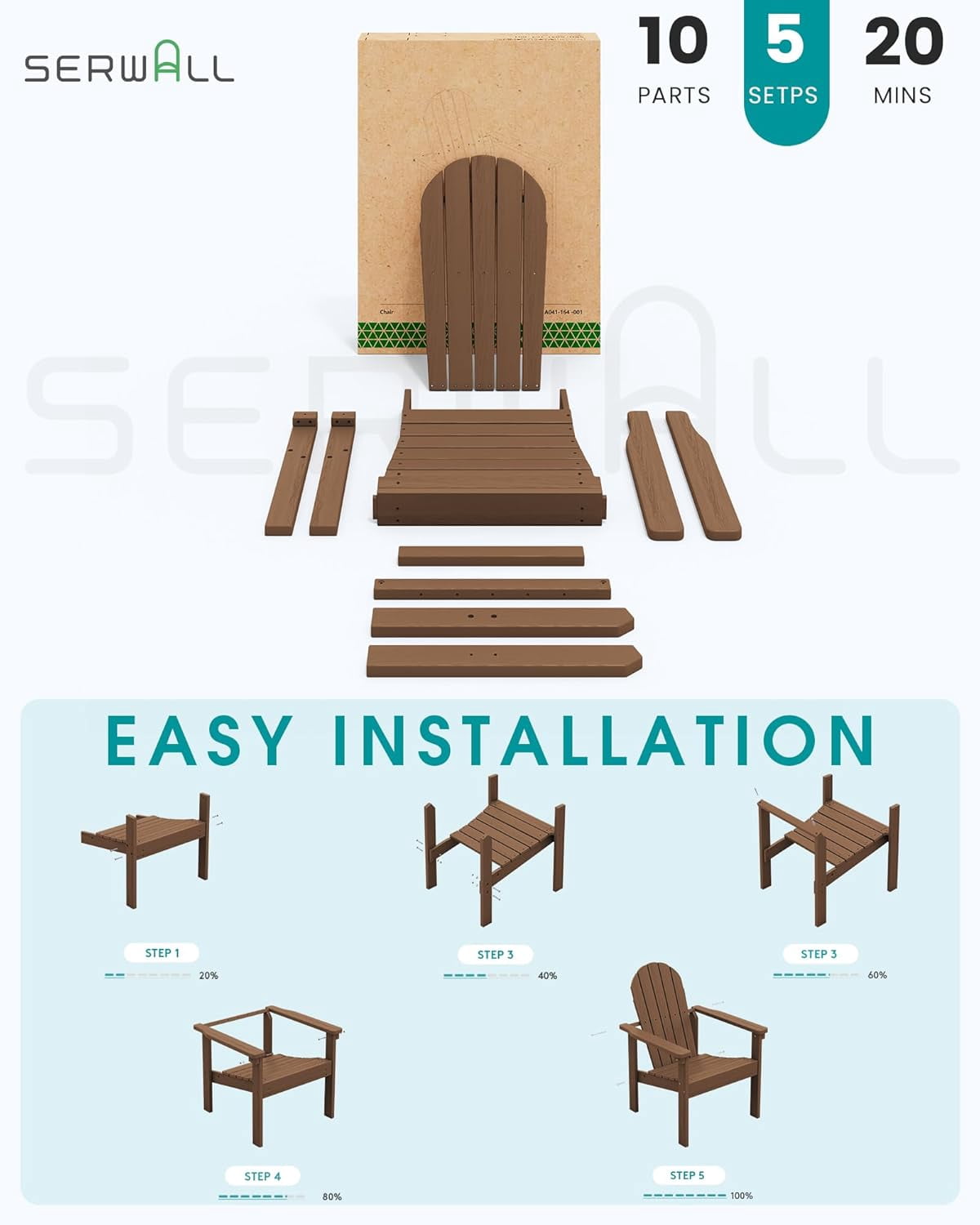 ZJTER Stackable Modern Adirondack Chair, HDPE Outdoor Patio Chair with Space-Saving Design, All-Weather Fire Pit Chair with Widened Seat for Deck, Backyard, Garden, Lawn (Brown)