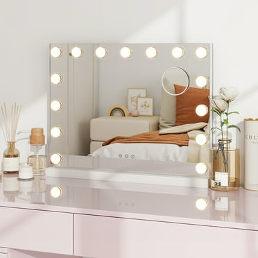 Abble Large Hollywood Vanity Mirror with 15 Bulbs LED Mirror Lighted Makeup Mirror Wall Mounted & Tabletop White Metal Frame Rectangular mirror, White