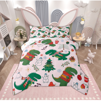 Manfei Green Cute Dinosaur Full Size Comforter Sets for Kids, Cartoon Animal Bedding Comforter Set, Christmas Tree Reversible Bedding Sets, Microfiber Bedroom Decor, 3 Pieces