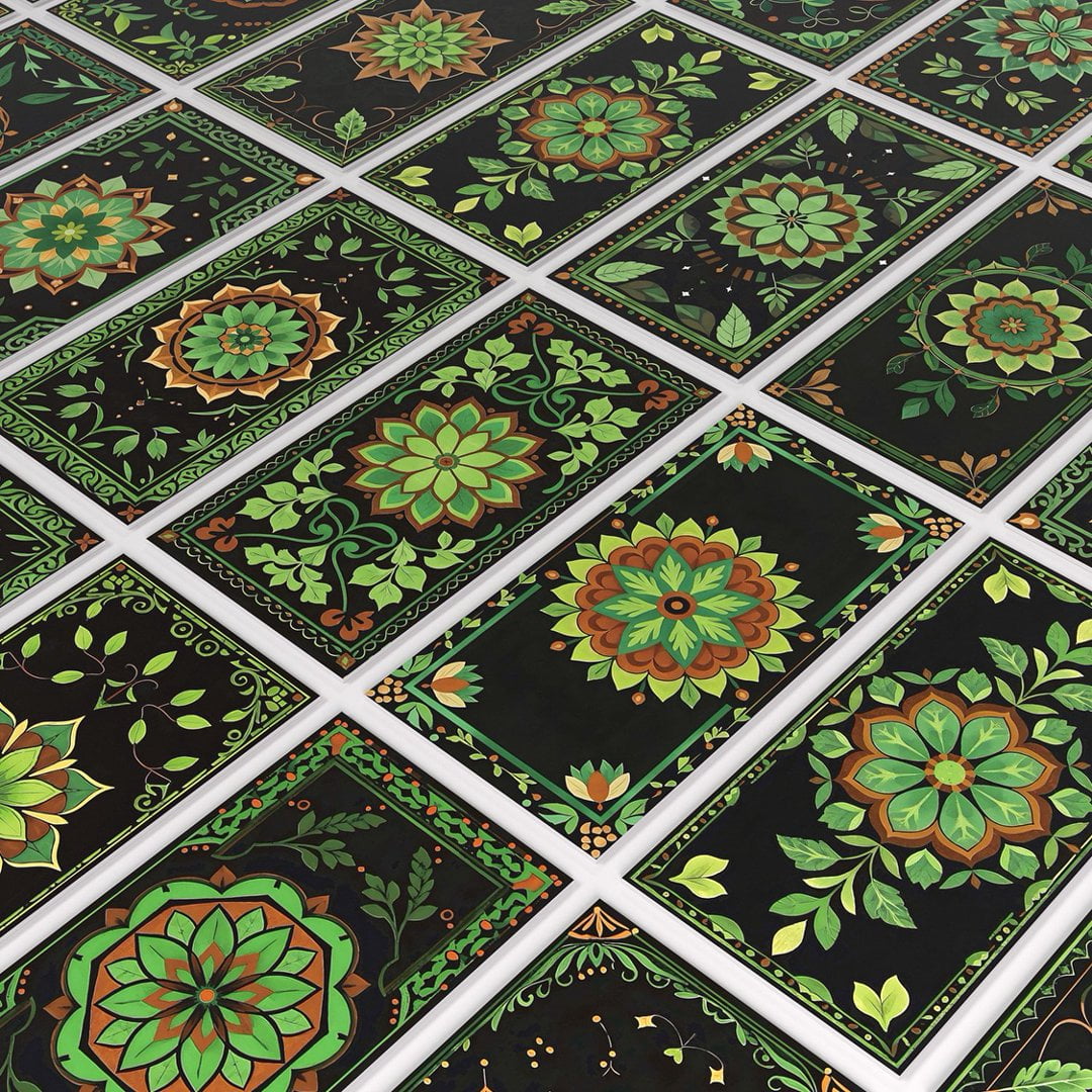 16Pcs Tiles Stickers Wall Decals Green Flowers Pattern 8" x 4" Foaming Board Vinyl Waterproof Peel and Stick Backsplash Mural