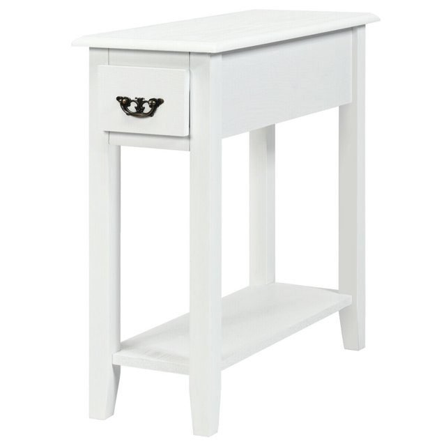 Patiojoy Table de Chevet Étroite Blanche à 2 Niveaux, Table d'Appoint de Bout de Canapé avec Tiroir et Tablette
