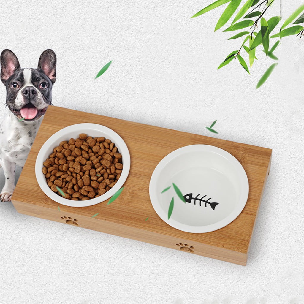 Elevated Bamboo Pet Table With Duo Ceramic Bowls Raised Pet Feeder