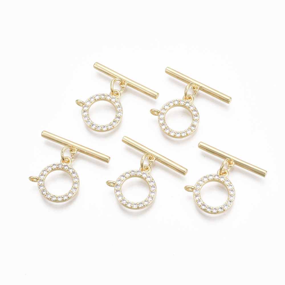 20 set Brass Micro Pave Clear Cubic Zirconia Toggle Clasps with Jump Rings Nickel Free Ring Real 18K golden Plated Total Length: 19mm Bar: 19x4x2mm Hole: 1.5mm Ring: 14.5x14.5x3mm Hole: 1.5mm