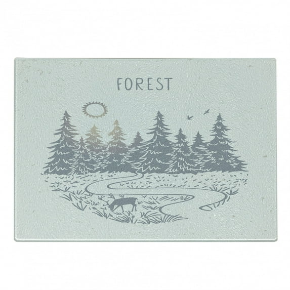 Forest Cutting Board, Nature Silhouette of a Spruce Forest with Sunrise Early Morning Scenery, Decorative Tempered Glass Cutting and Serving Board, in 3 Sizes, by Ambesonne